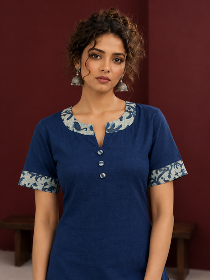 Navy Blue Cotton Kurta with Floral Printed Neckline and Sleeve Cuffs — fabric detail
