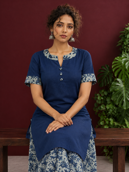 Navy Blue Cotton Kurta with Floral Printed Neckline and Sleeve Cuffs — seated detail