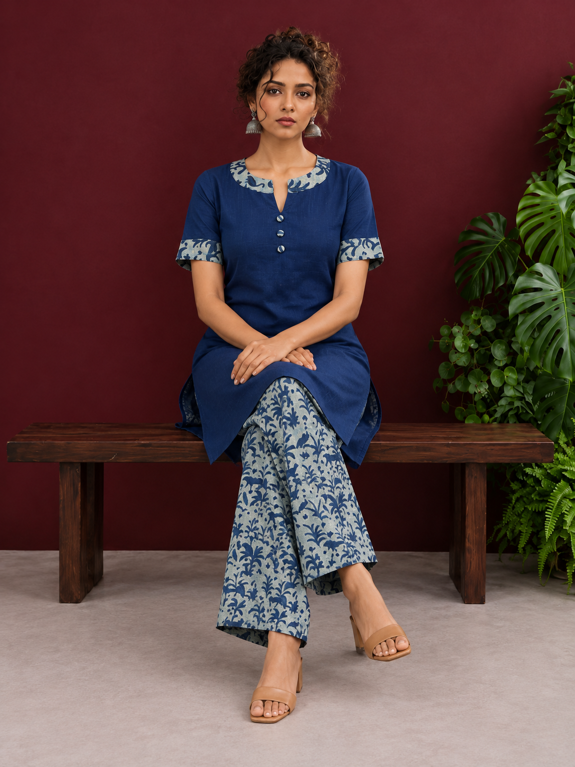 Navy Blue Cotton Kurta with Floral Printed Neckline and Sleeve Cuffs — seated — view 6