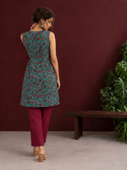 Teal Green Cotton Sleeveless Tunic with Floral Print, Maroon V-Neck Trim & Side Tie-Up Knots — back view
