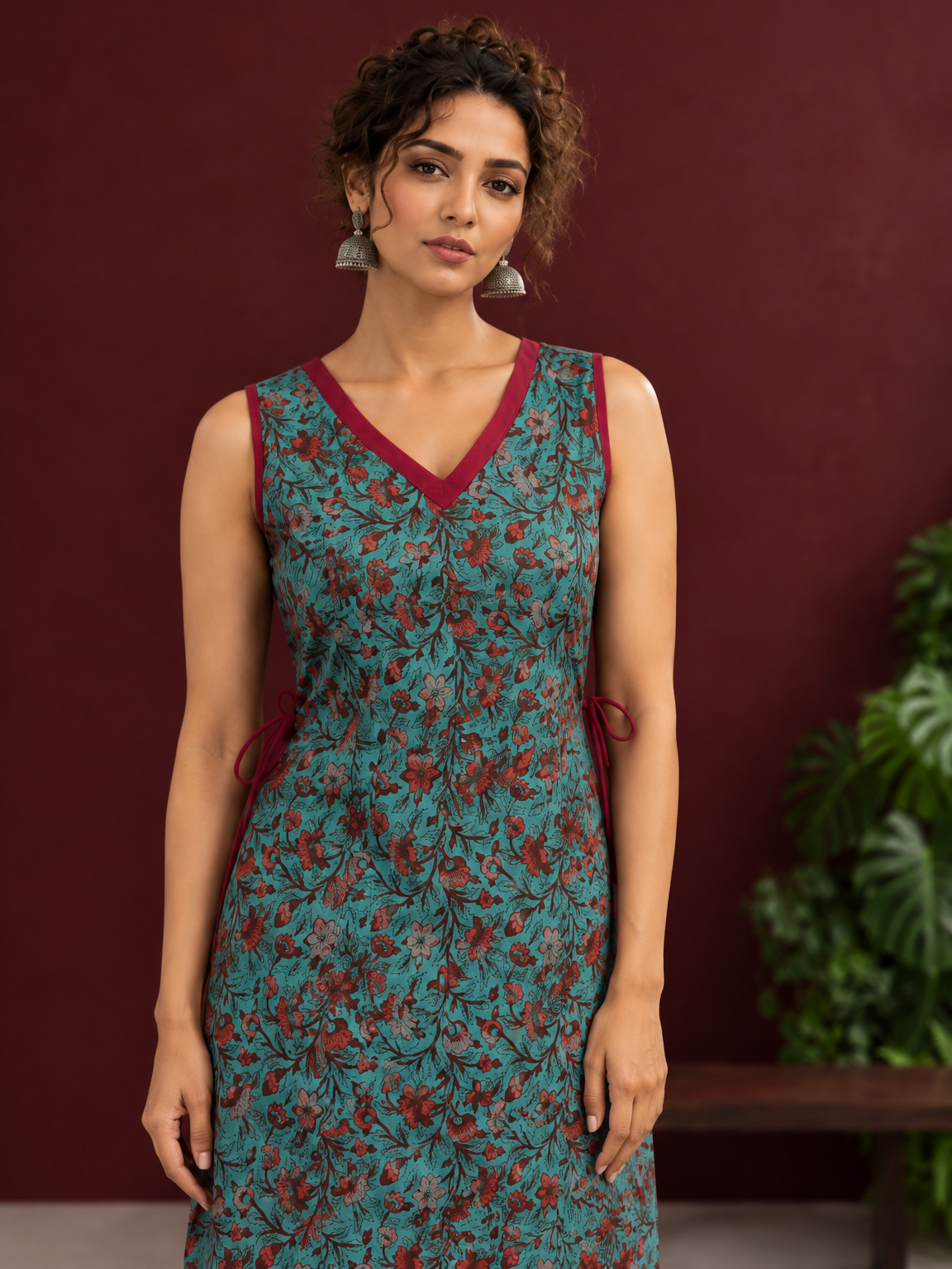 Teal Green Cotton Sleeveless Tunic with Floral Print, Maroon V-Neck Trim & Side Tie-Up Knots — styled view — view 6