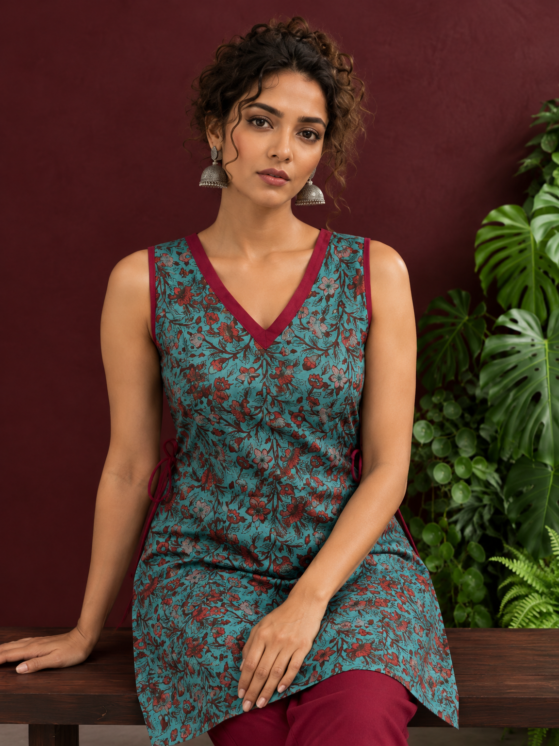 Teal Green Cotton Sleeveless Tunic with Floral Print, Maroon V-Neck Trim & Side Tie-Up Knots — seated detail — view 7