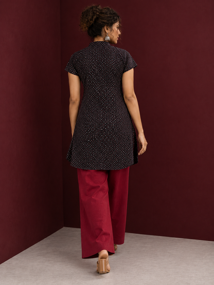 Timeless Black Cotton Tunic with Maroon Polka Dot Print and Gold Triangle Button Placket — back view