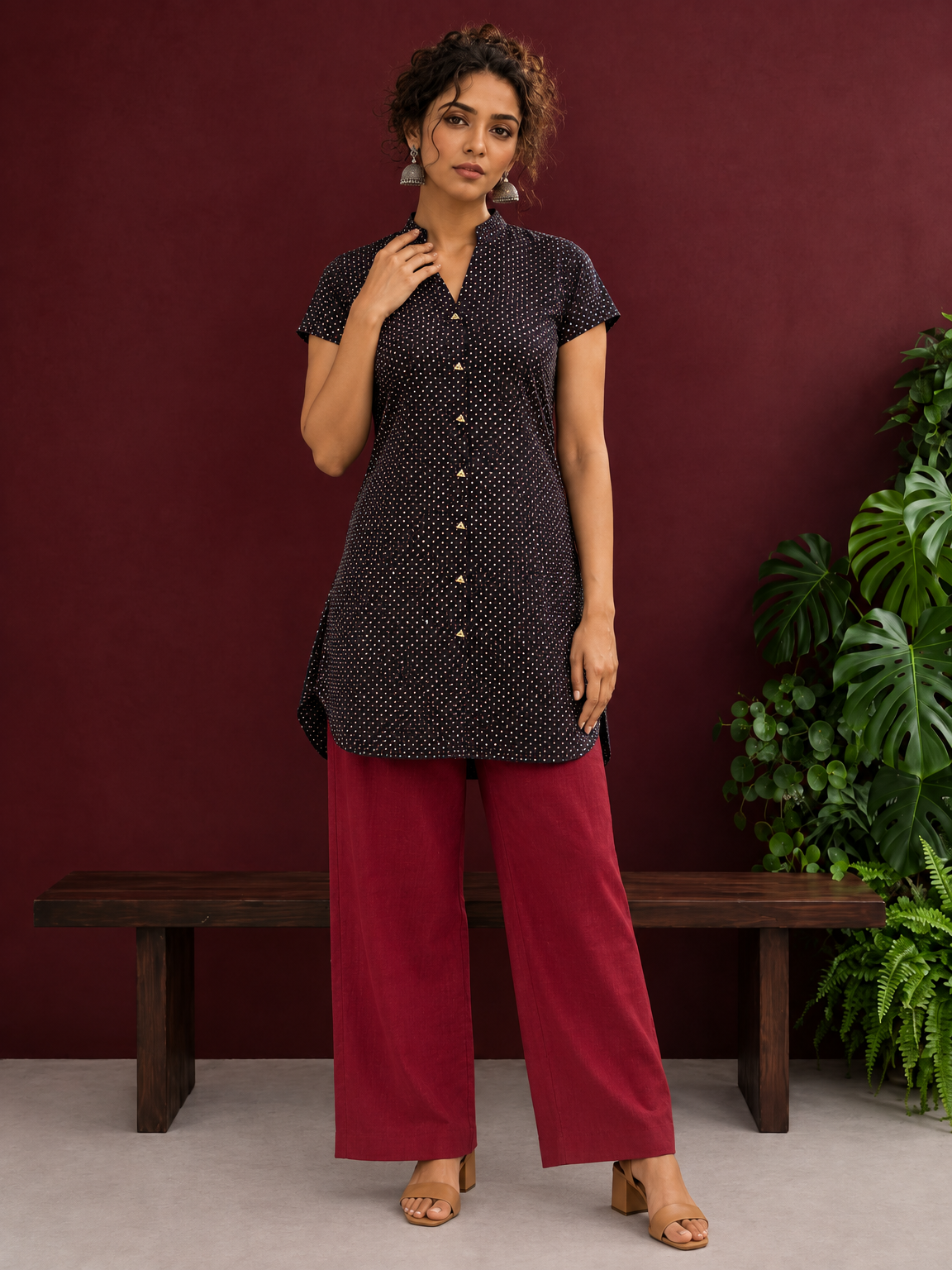 Timeless Black Cotton Tunic with Maroon Polka Dot Print and Gold Triangle Button Placket