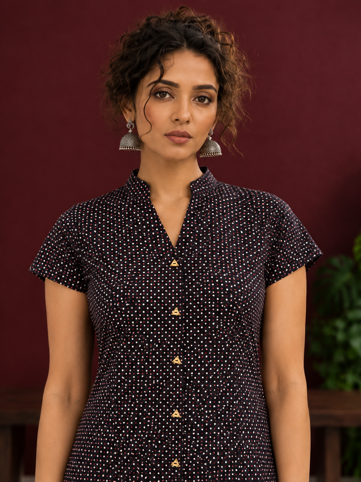 Timeless Black Cotton Tunic with Maroon Polka Dot Print and Gold Triangle Button Placket — fabric detail — view 3