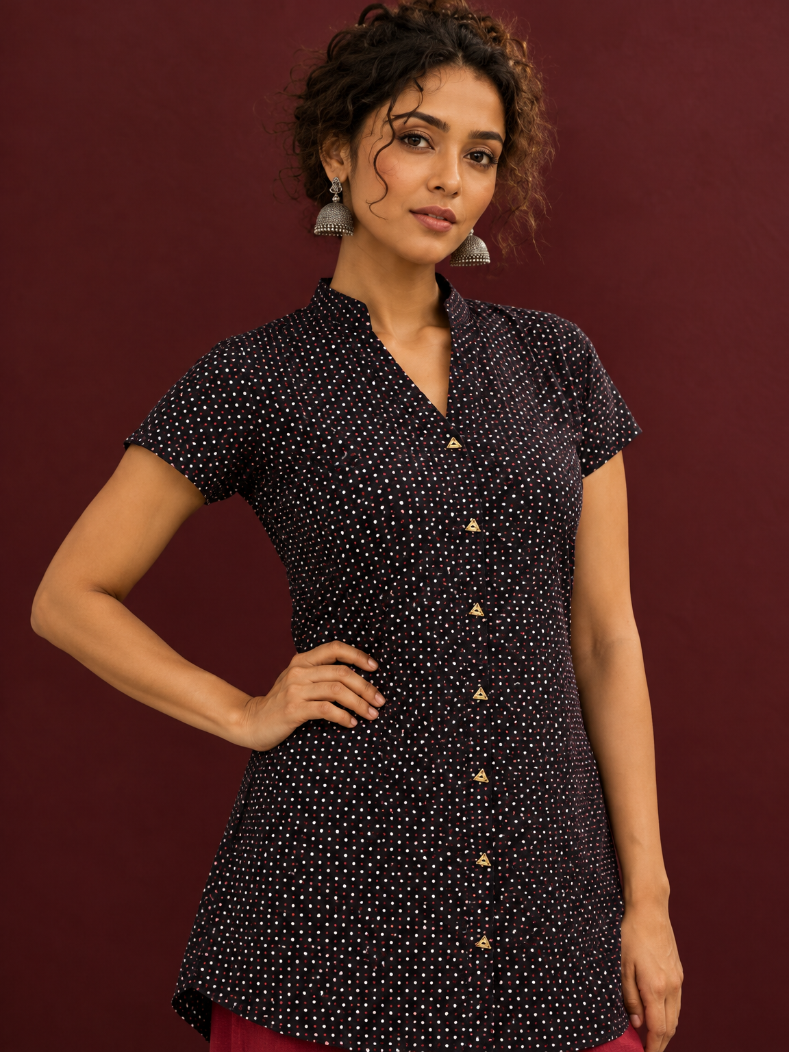 Timeless Black Cotton Tunic with Maroon Polka Dot Print and Gold Triangle Button Placket — styled view — view 4