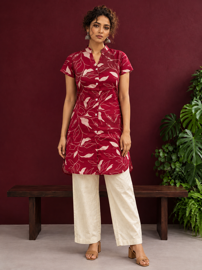 Elegant Maroon Cotton Tunic with White Leaf Print — front view