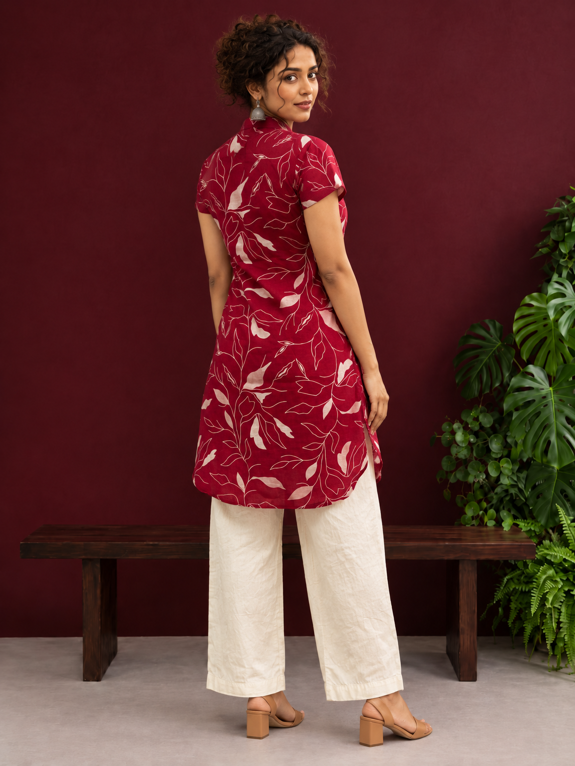 Elegant Maroon Cotton Tunic with White Leaf Print — back view — view 3