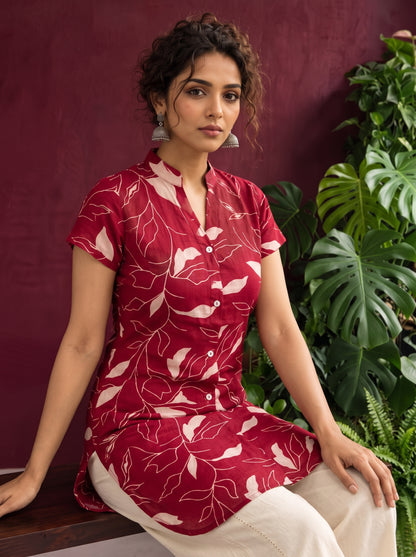 Elegant Maroon Cotton Tunic with White Leaf Print — seated detail