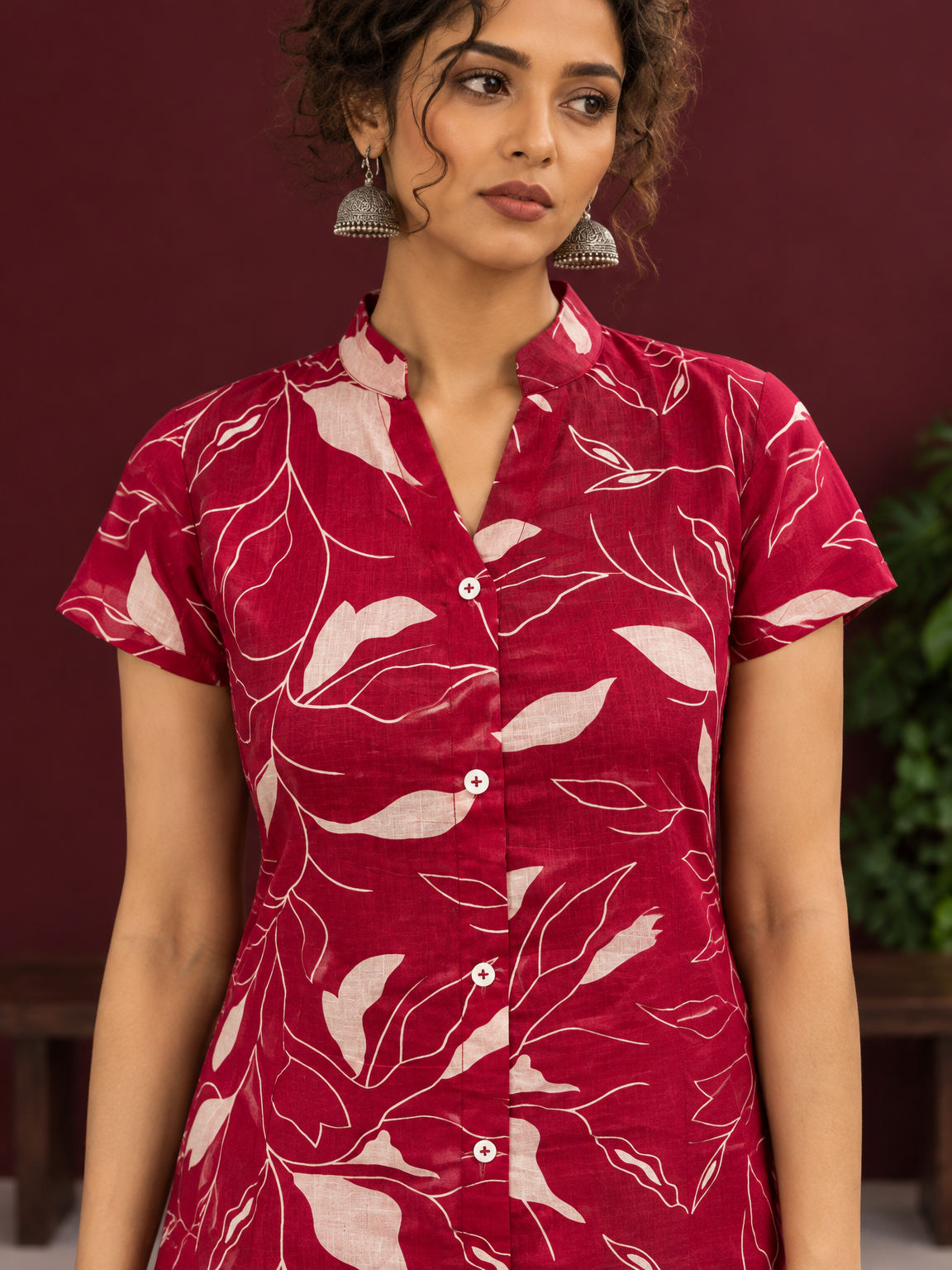 Elegant Maroon Cotton Tunic with White Leaf Print — fabric detail — view 4
