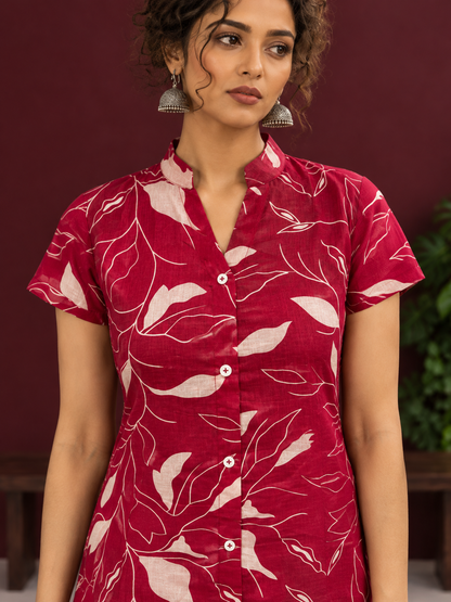 Elegant Maroon Cotton Tunic with White Leaf Print — fabric detail