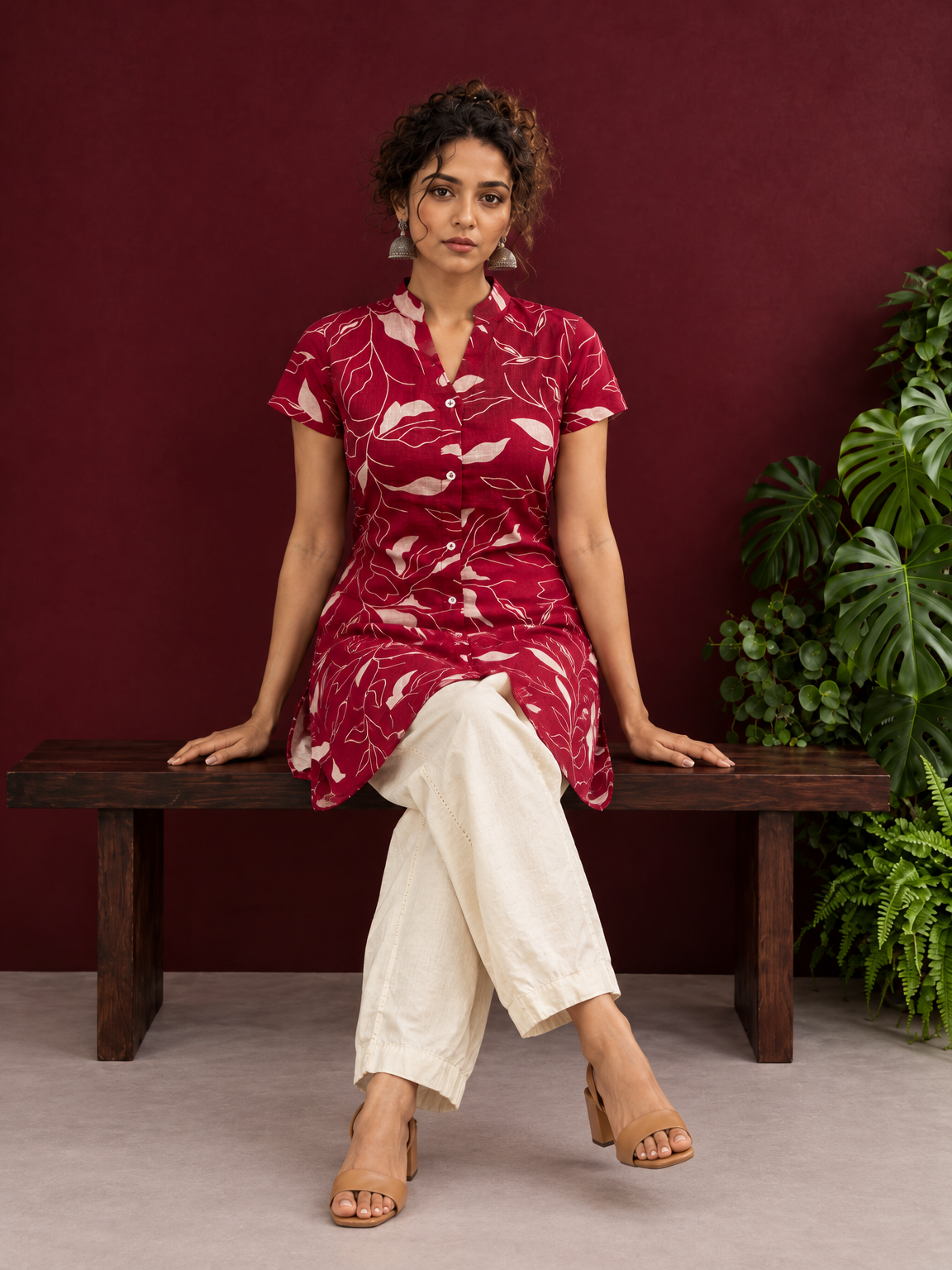 Elegant Maroon Cotton Tunic with White Leaf Print