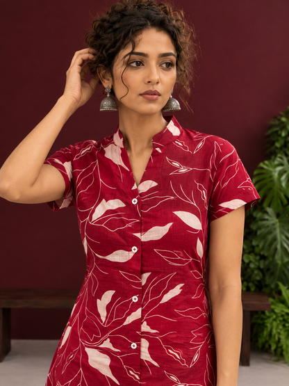 Elegant Maroon Cotton Tunic with White Leaf Print — styled view