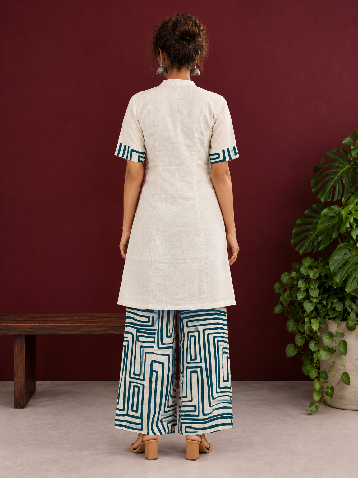 Classic Off-White Cotton Kurta with Contrast Geometric Print Pocket & Coordinated Sleeve Cuffs — back view — view 3