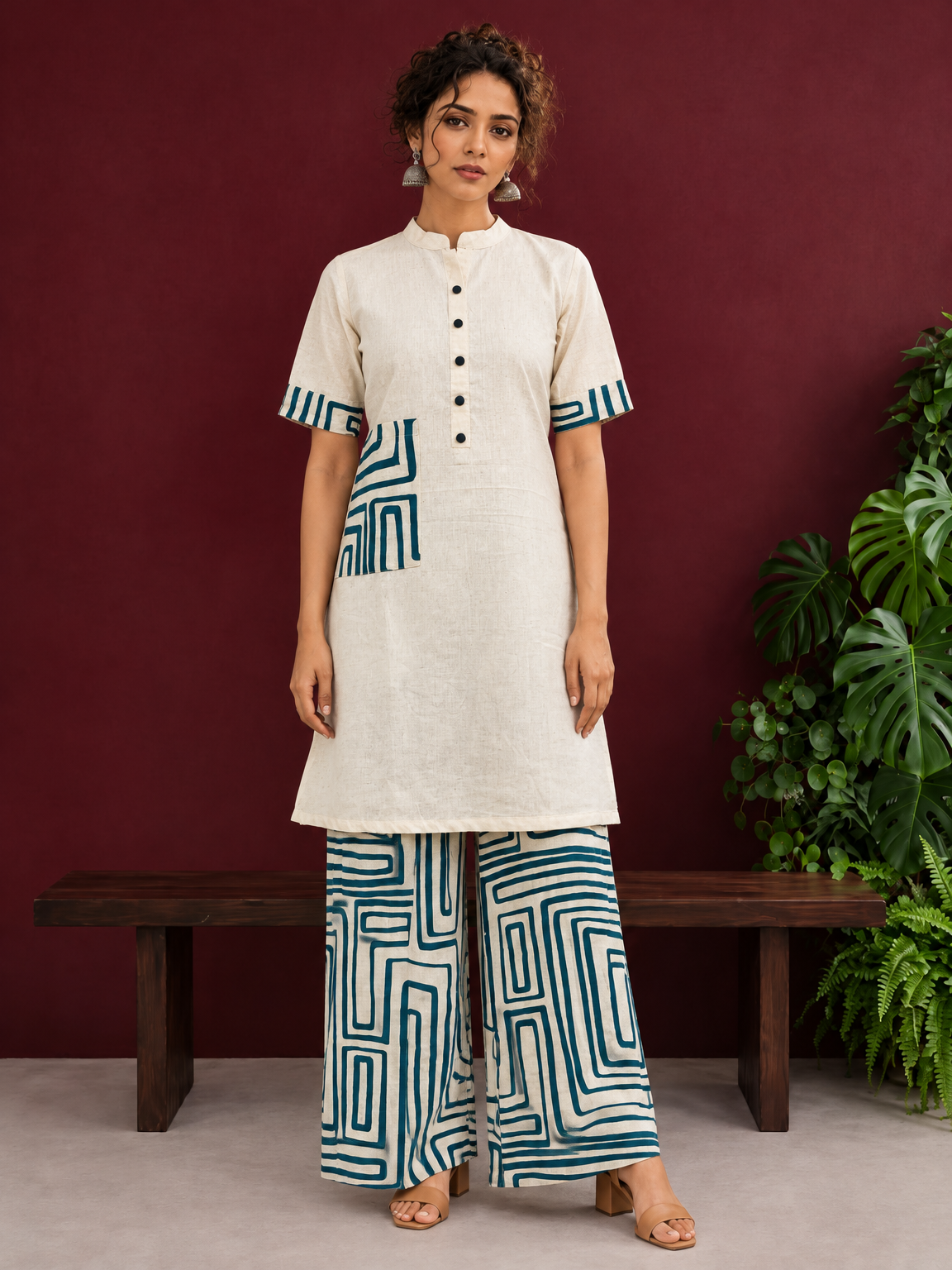Classic Off-White Cotton Kurta with Contrast Geometric Print Pocket & Coordinated Sleeve Cuffs — front view — view 5
