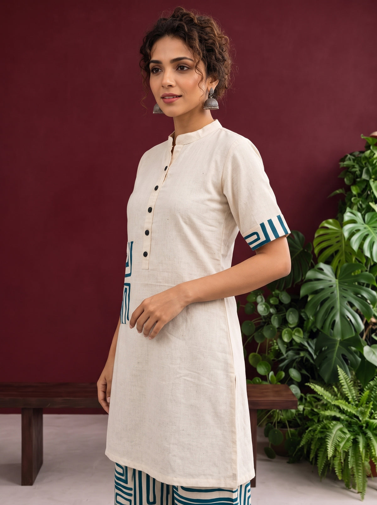 Classic Off-White Cotton Kurta with Contrast Geometric Print Pocket & Coordinated Sleeve Cuffs — styled view — view 2