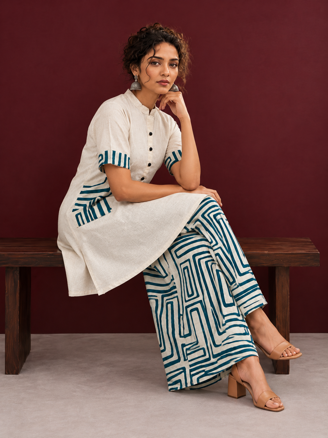 Classic Off-White Cotton Kurta with Contrast Geometric Print Pocket & Coordinated Sleeve Cuffs