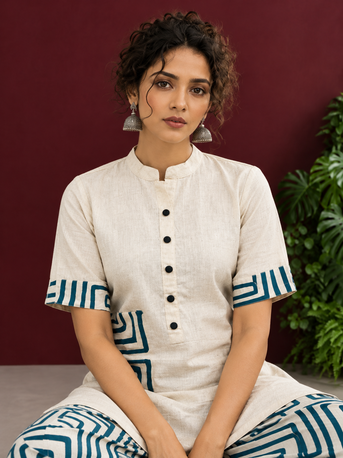 Classic Off-White Cotton Kurta with Contrast Geometric Print Pocket & Coordinated Sleeve Cuffs — seated detail — view 6