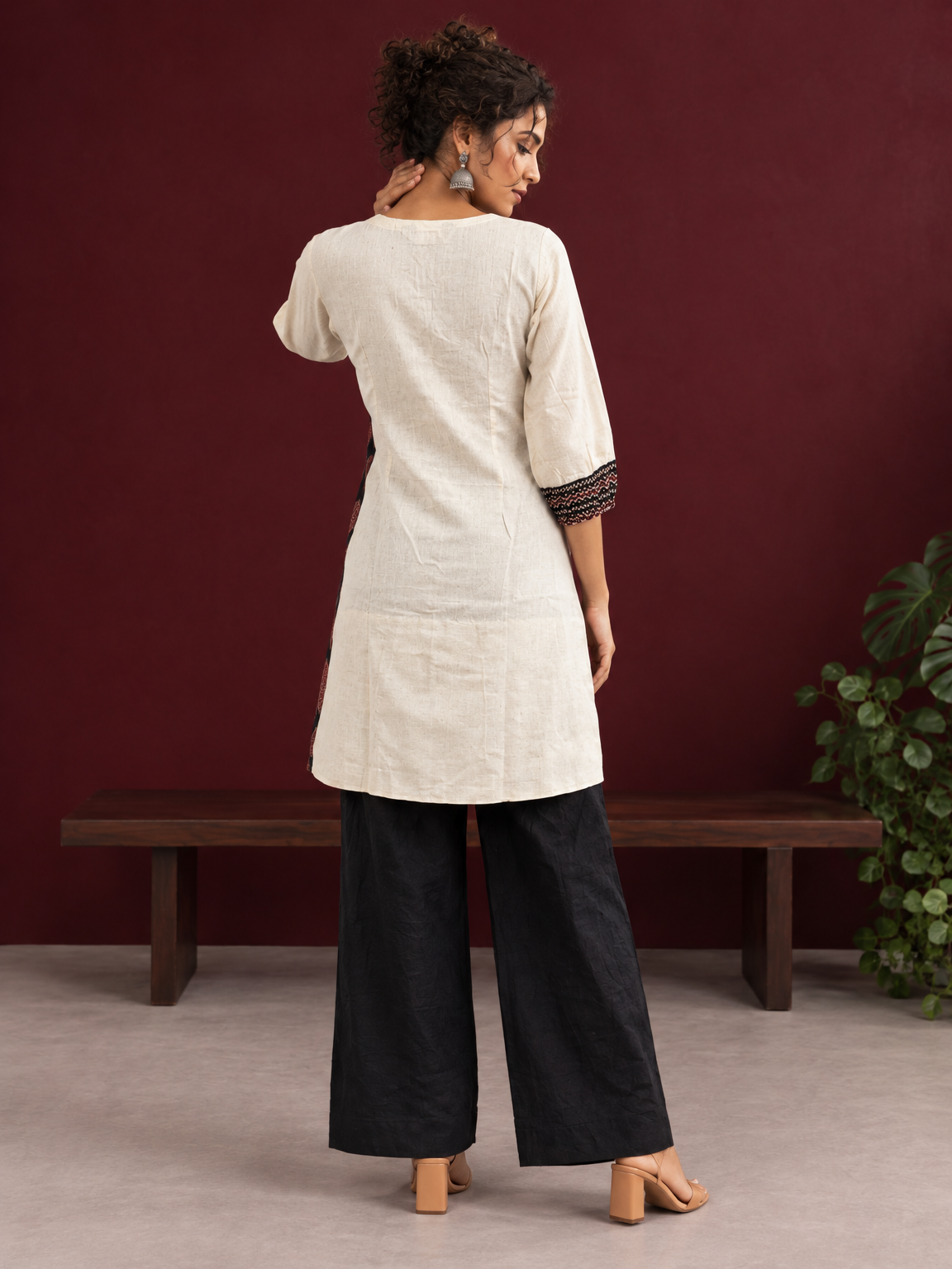 Timeless Off-White Cotton Tunic with Contrast Ajrakh Printed Leaf Panel & Coordinated Zigzag Sleeve Cuffs — back view — view 2