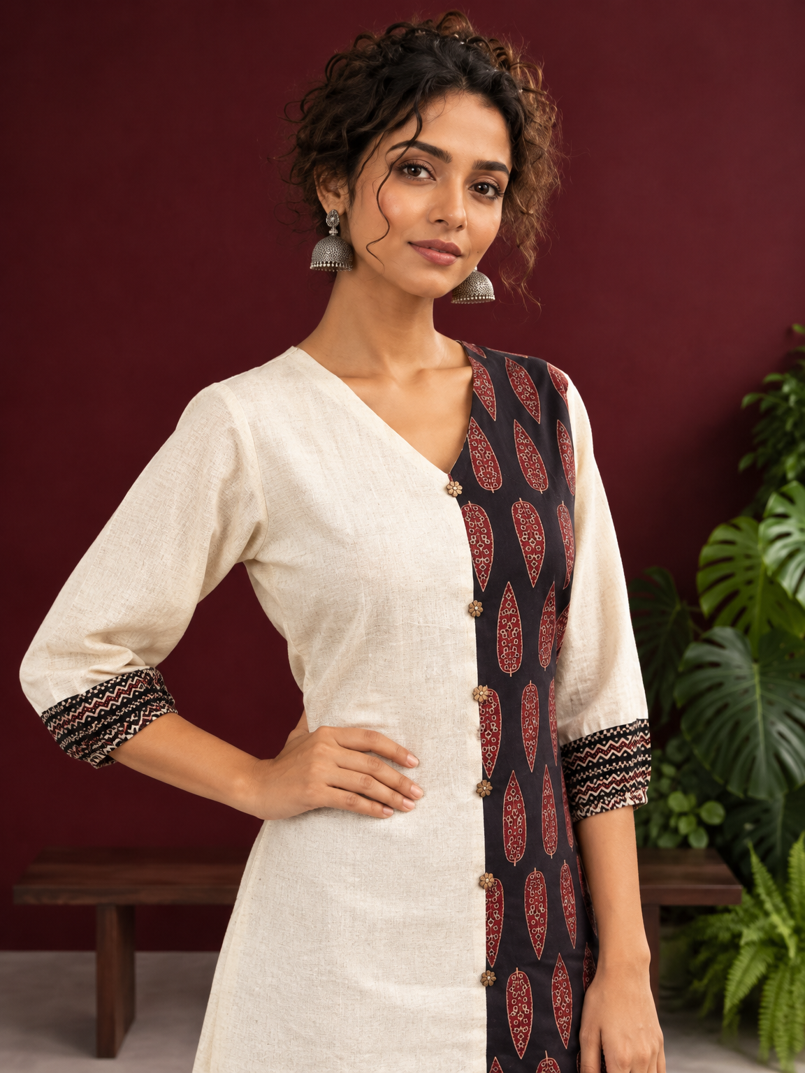 Timeless Off-White Cotton Tunic with Contrast Ajrakh Printed Leaf Panel & Coordinated Zigzag Sleeve Cuffs — styled view — view 4