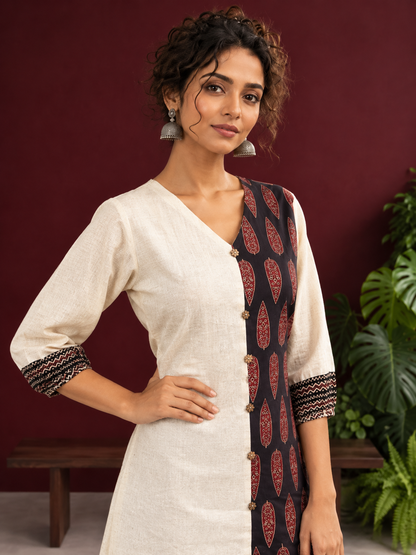 Timeless Off-White Cotton Tunic with Contrast Ajrakh Printed Leaf Panel & Coordinated Zigzag Sleeve Cuffs — styled view