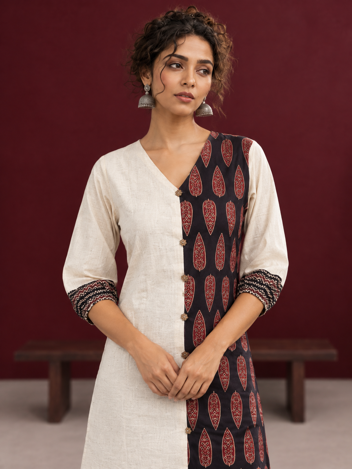 Timeless Off-White Cotton Tunic with Contrast Ajrakh Printed Leaf Panel & Coordinated Zigzag Sleeve Cuffs — fabric detail — view 3