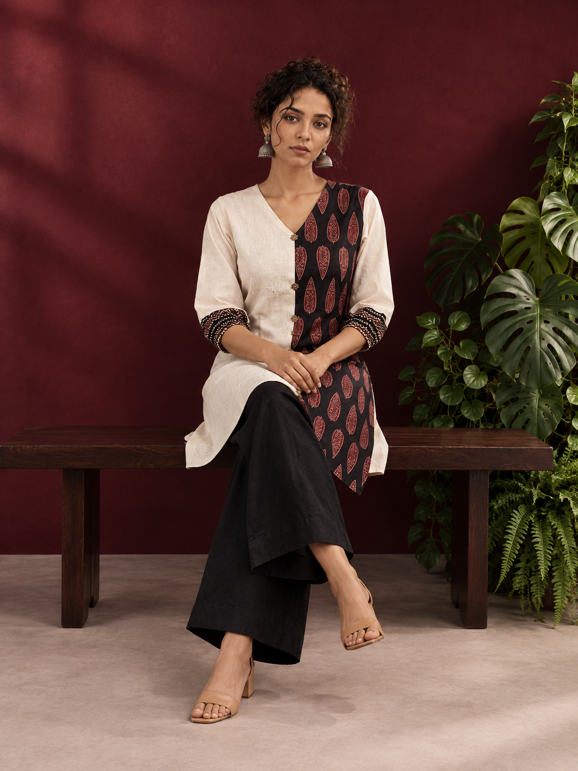 Timeless Off-White Cotton Tunic with Contrast Ajrakh Printed Leaf Panel & Coordinated Zigzag Sleeve Cuffs — seated — view 6