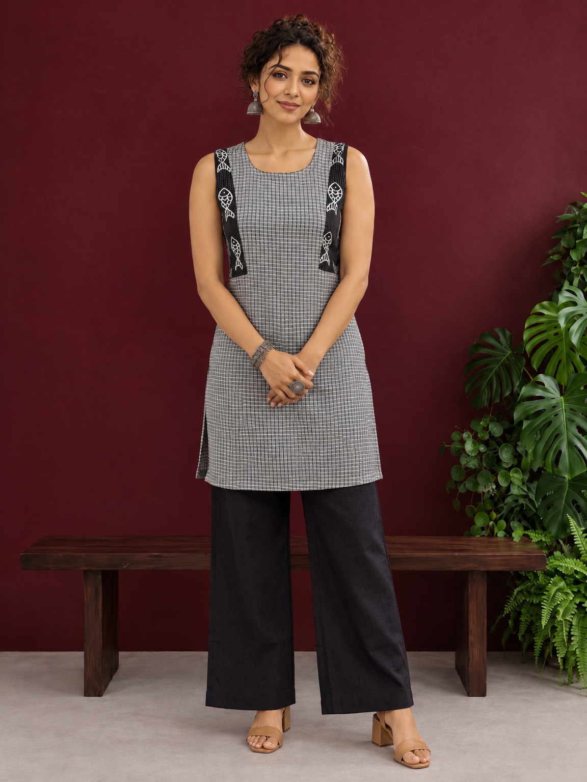 Grey Checked Cotton Kurta with Black Embroidered Fish Motif Shoulder Straps & Side Slits