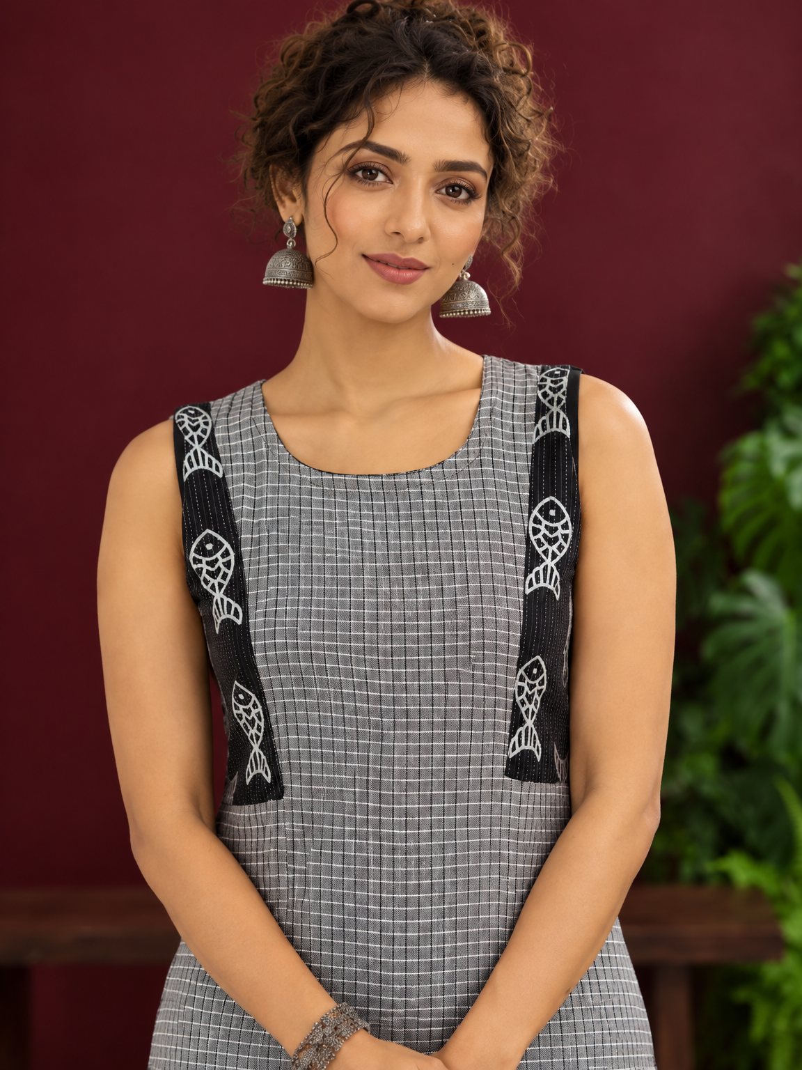 Grey Checked Cotton Kurta with Black Embroidered Fish Motif Shoulder Straps & Side Slits — fabric detail — view 4