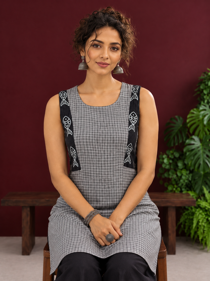 Grey Checked Cotton Kurta with Black Embroidered Fish Motif Shoulder Straps & Side Slits — seated detail
