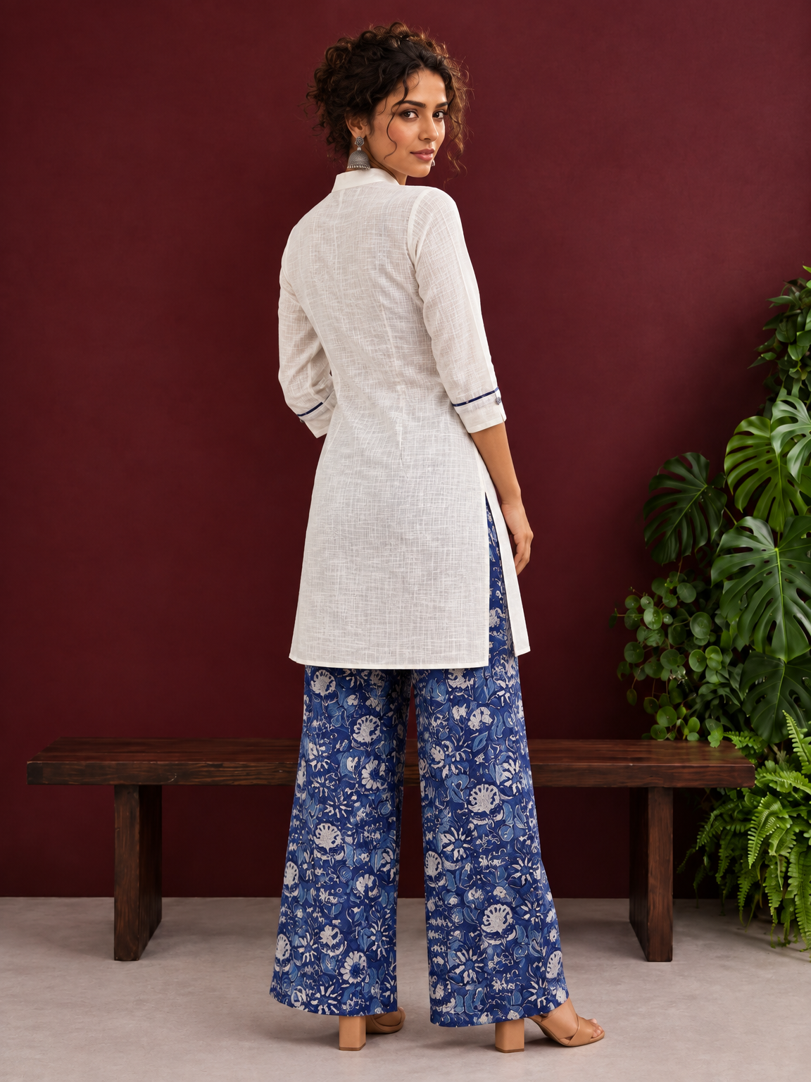 Timeless Off-White Cotton Kurta with Contrast Indigo Floral Print Placket — back view — view 2