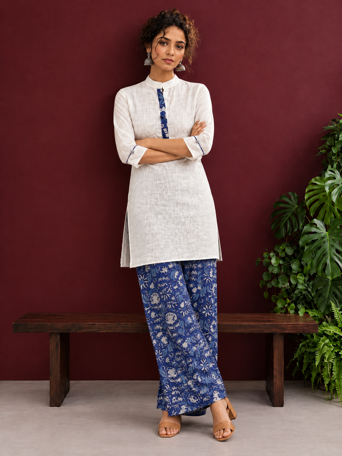 Timeless Off-White Cotton Kurta with Contrast Indigo Floral Print Placket — side view — view 5