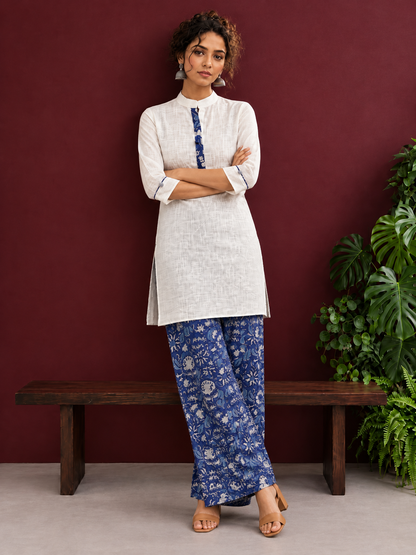 Timeless Off-White Cotton Kurta with Contrast Indigo Floral Print Placket — side view