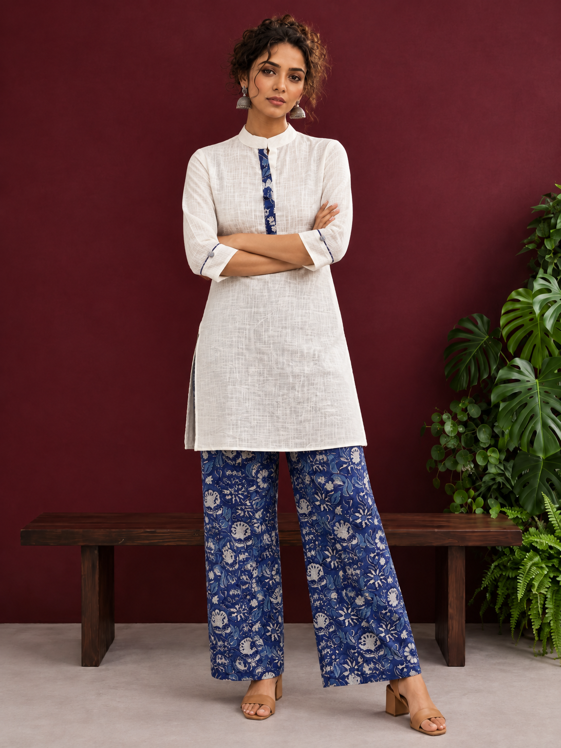 Timeless Off-White Cotton Kurta with Contrast Indigo Floral Print Placket — front view — view 4