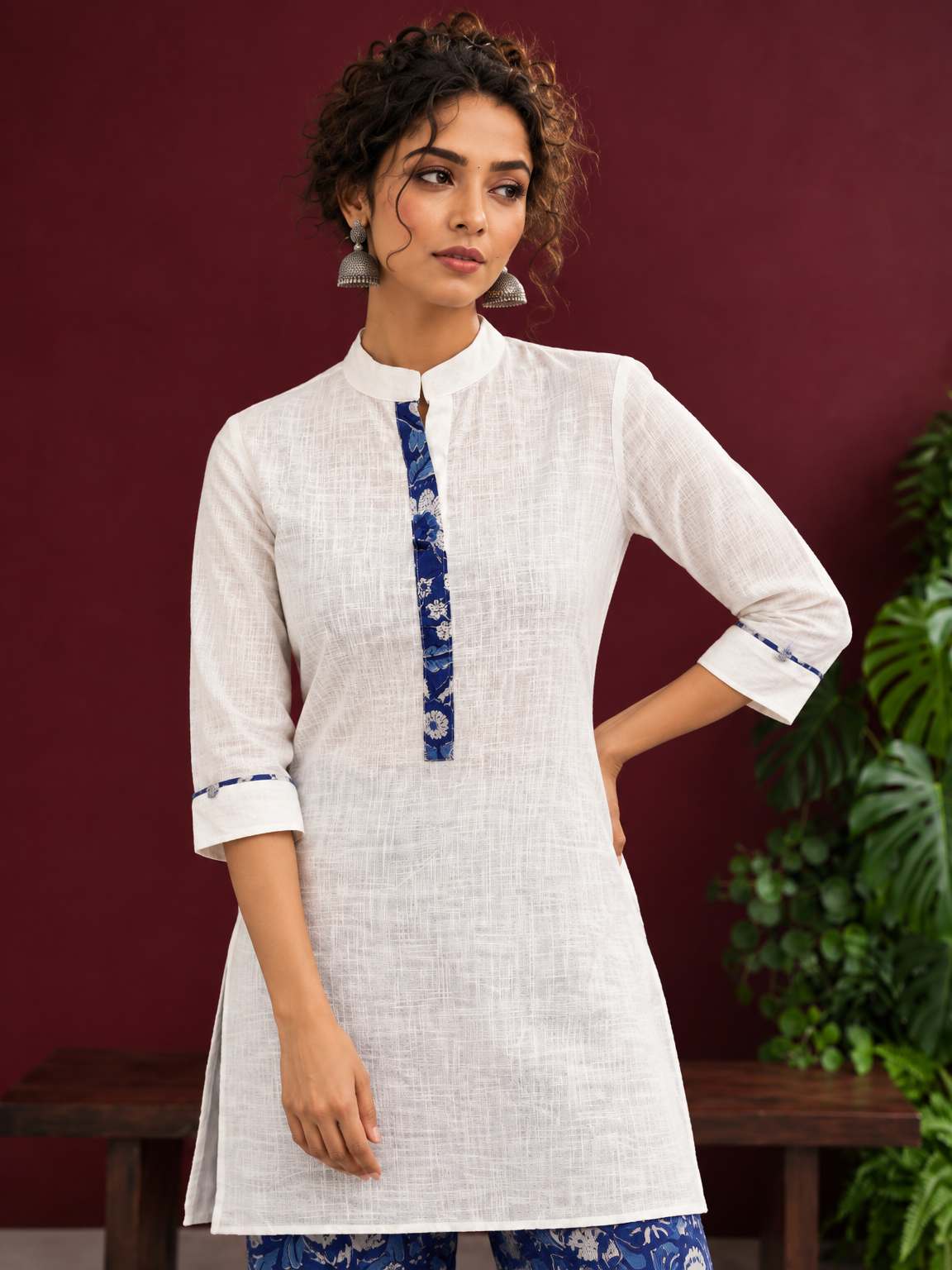 Timeless Off-White Cotton Kurta with Contrast Indigo Floral Print Placket — fabric detail — view 3