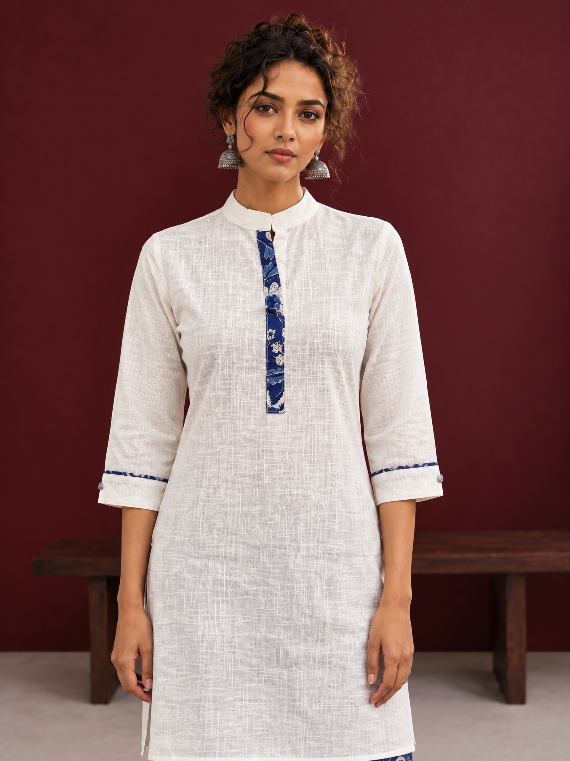 Timeless Off-White Cotton Kurta with Contrast Indigo Floral Print Placket — styled view — view 6
