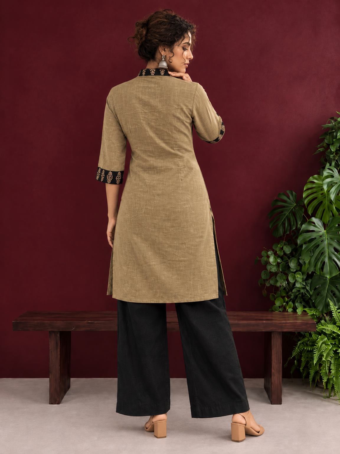 Classic Beige Cotton Kurta with Contrast Black Floral Print Yoke & Coordinated Sleeve Cuffs — back view — view 3