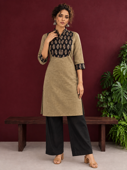 Classic Beige Cotton Kurta with Contrast Black Floral Print Yoke & Coordinated Sleeve Cuffs — front view