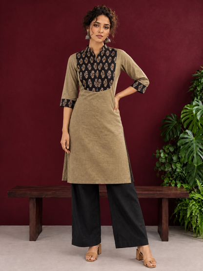 Classic Beige Cotton Kurta with Contrast Black Floral Print Yoke & Coordinated Sleeve Cuffs — side view