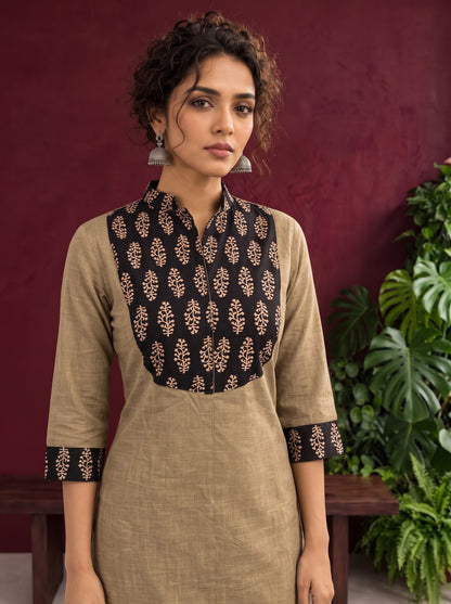 Classic Beige Cotton Kurta with Contrast Black Floral Print Yoke & Coordinated Sleeve Cuffs — fabric detail