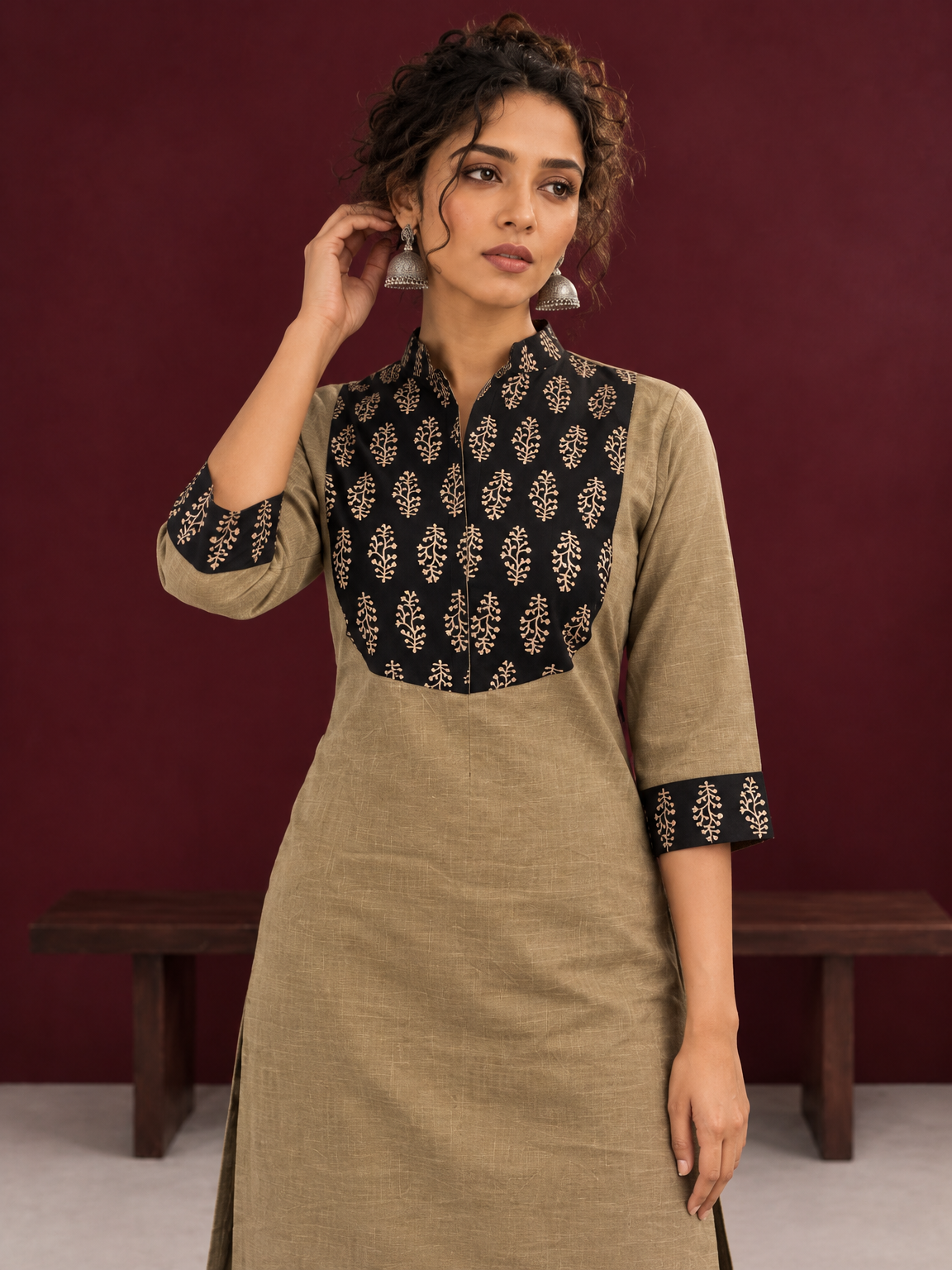 Classic Beige Cotton Kurta with Contrast Black Floral Print Yoke & Coordinated Sleeve Cuffs — styled view — view 6
