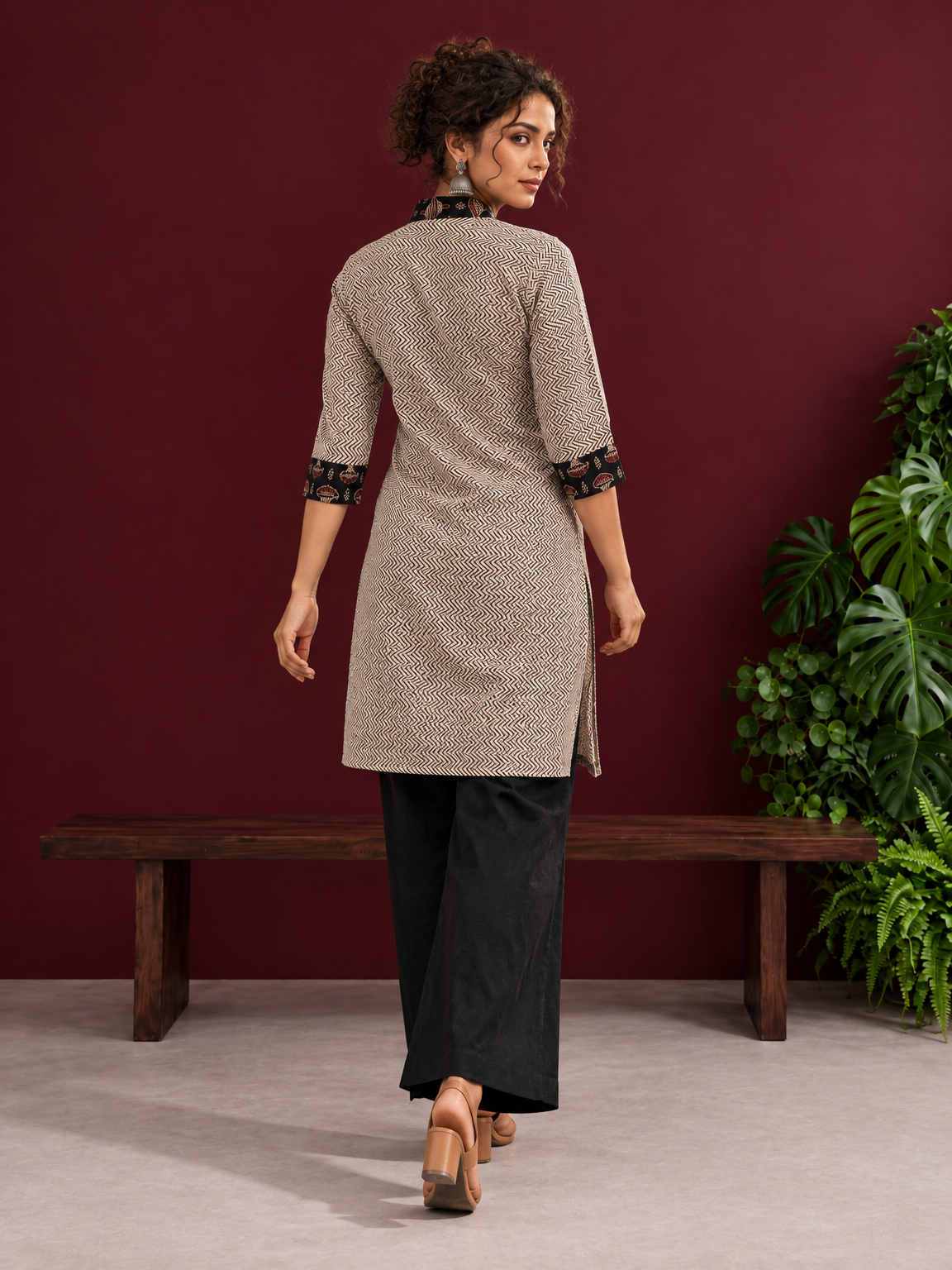Elegant Beige Cotton Ajrakh Tunic with Contrast V-Neck & Cuff Detailing — back view — view 3
