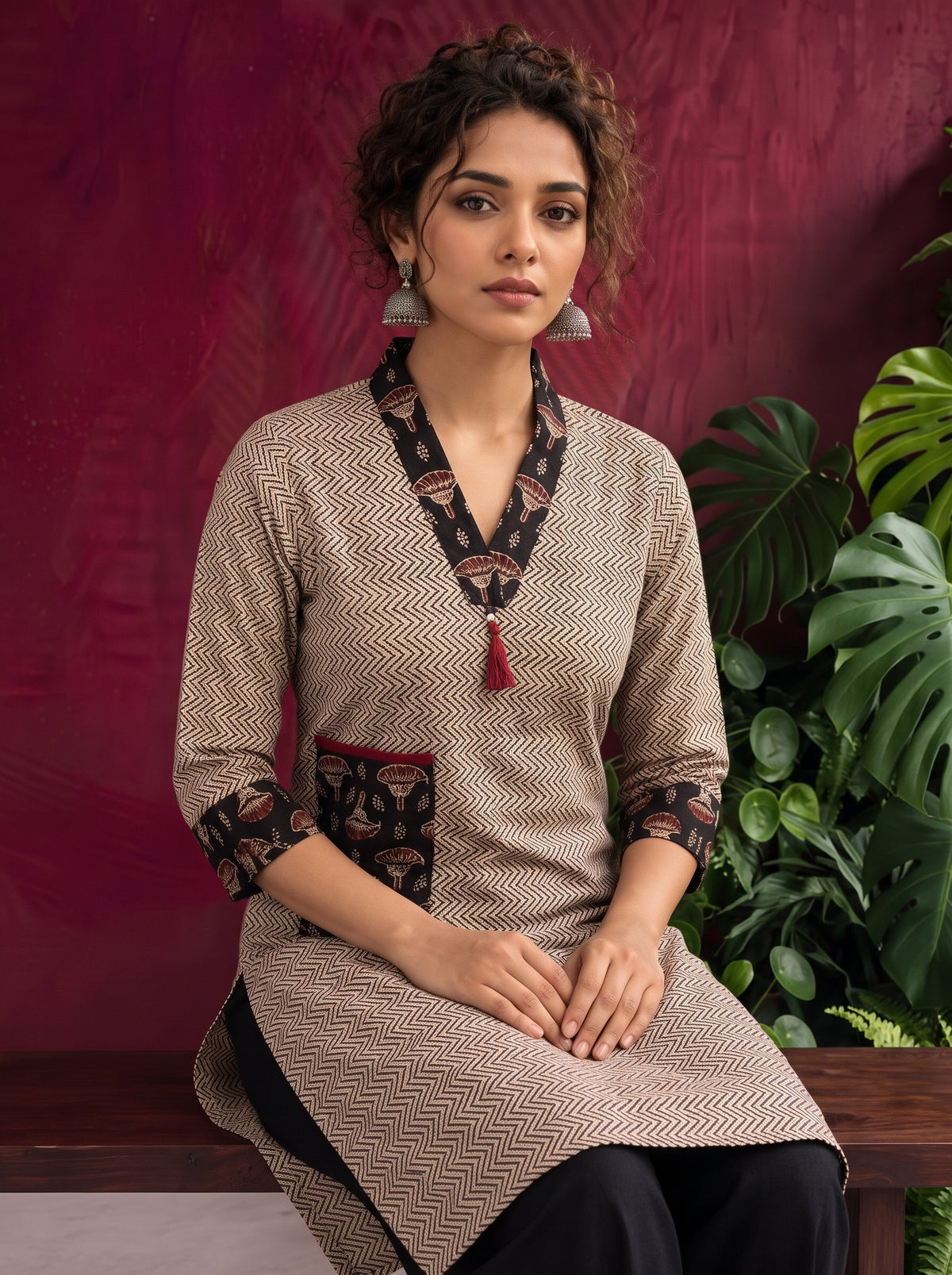 Elegant Beige Cotton Ajrakh Tunic with Contrast V-Neck & Cuff Detailing — seated detail — view 2