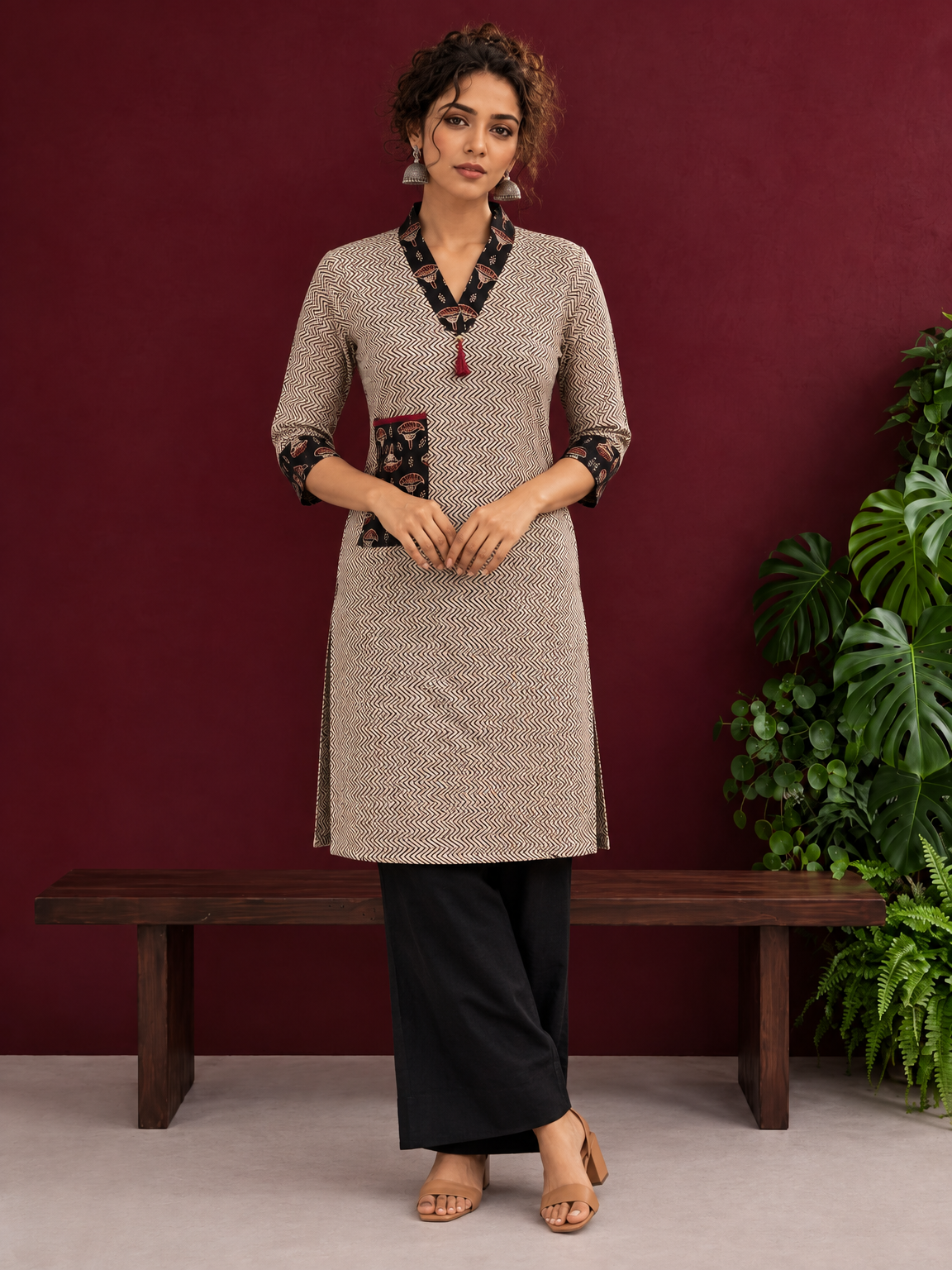 Elegant Beige Cotton Ajrakh Tunic with Contrast  V-Neck & Cuff Detailing