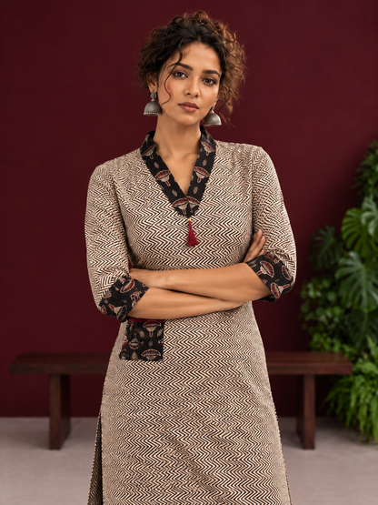 Elegant Beige Cotton Ajrakh Tunic with Contrast V-Neck & Cuff Detailing — styled view