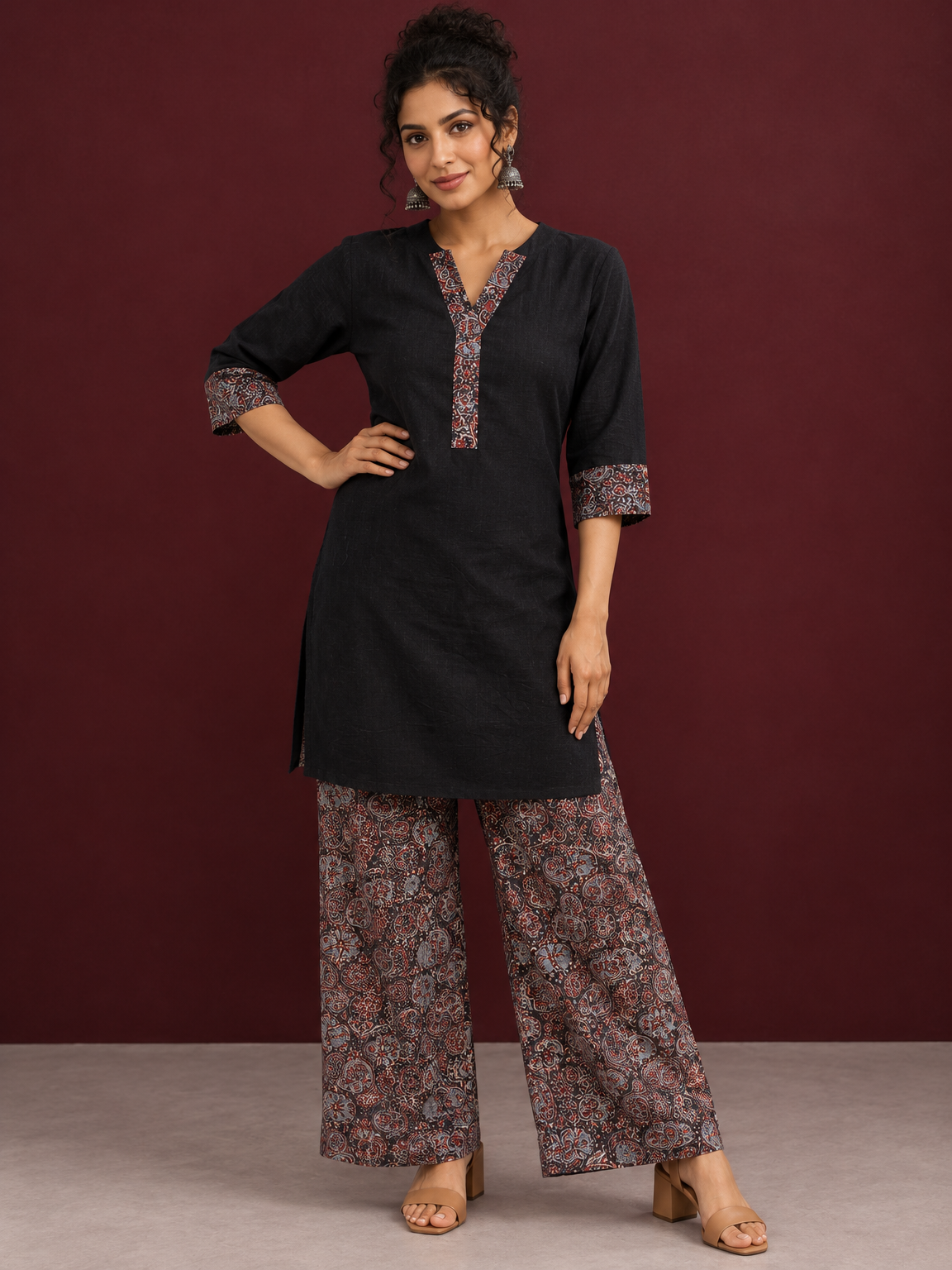 Timeless Black Cotton Tunic with Contrast Ajrakh Print V-Neck Placket & Coordinated Sleeve Cuffs — front view — view 3