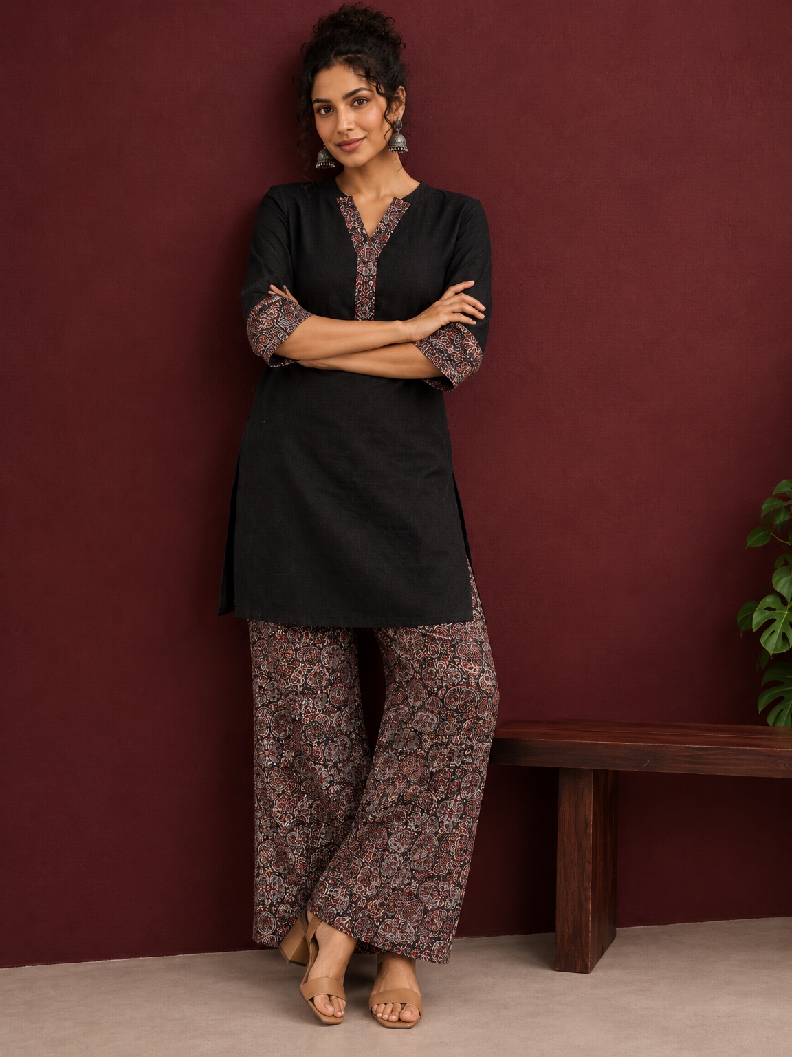 Timeless Black Cotton Tunic with Contrast Ajrakh Print V-Neck Placket & Coordinated Sleeve Cuffs — side view — view 2