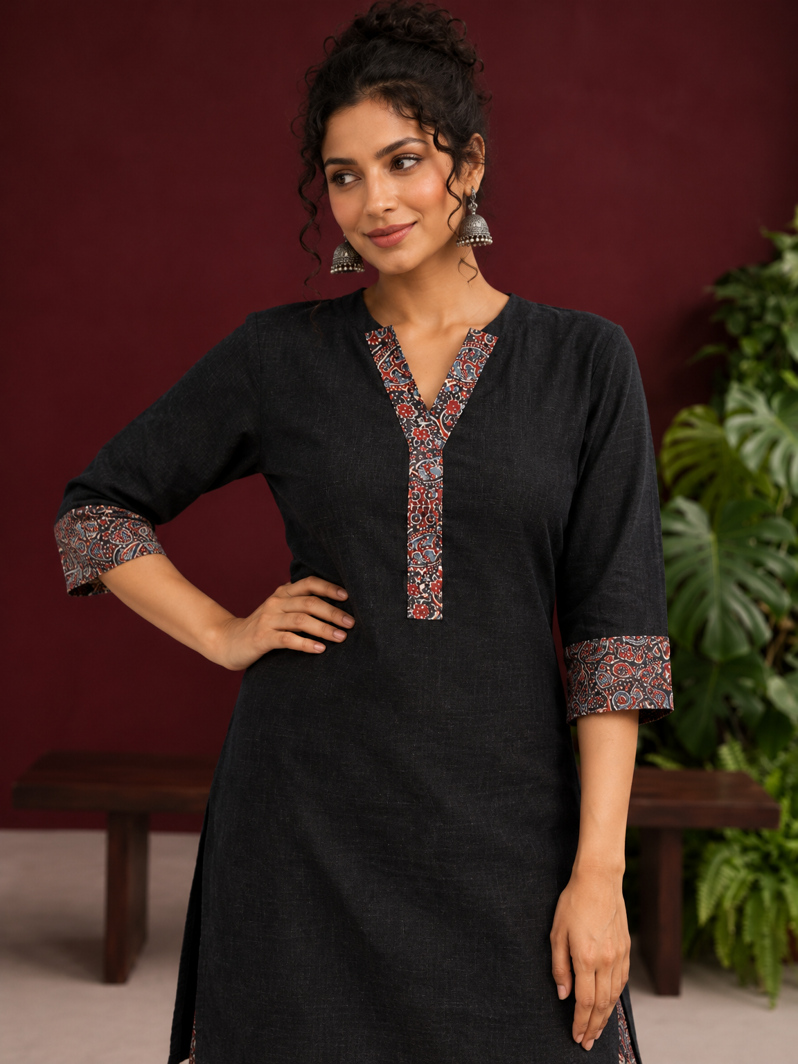 Timeless Black Cotton Tunic with Contrast Ajrakh Print V-Neck Placket & Coordinated Sleeve Cuffs — fabric detail — view 5