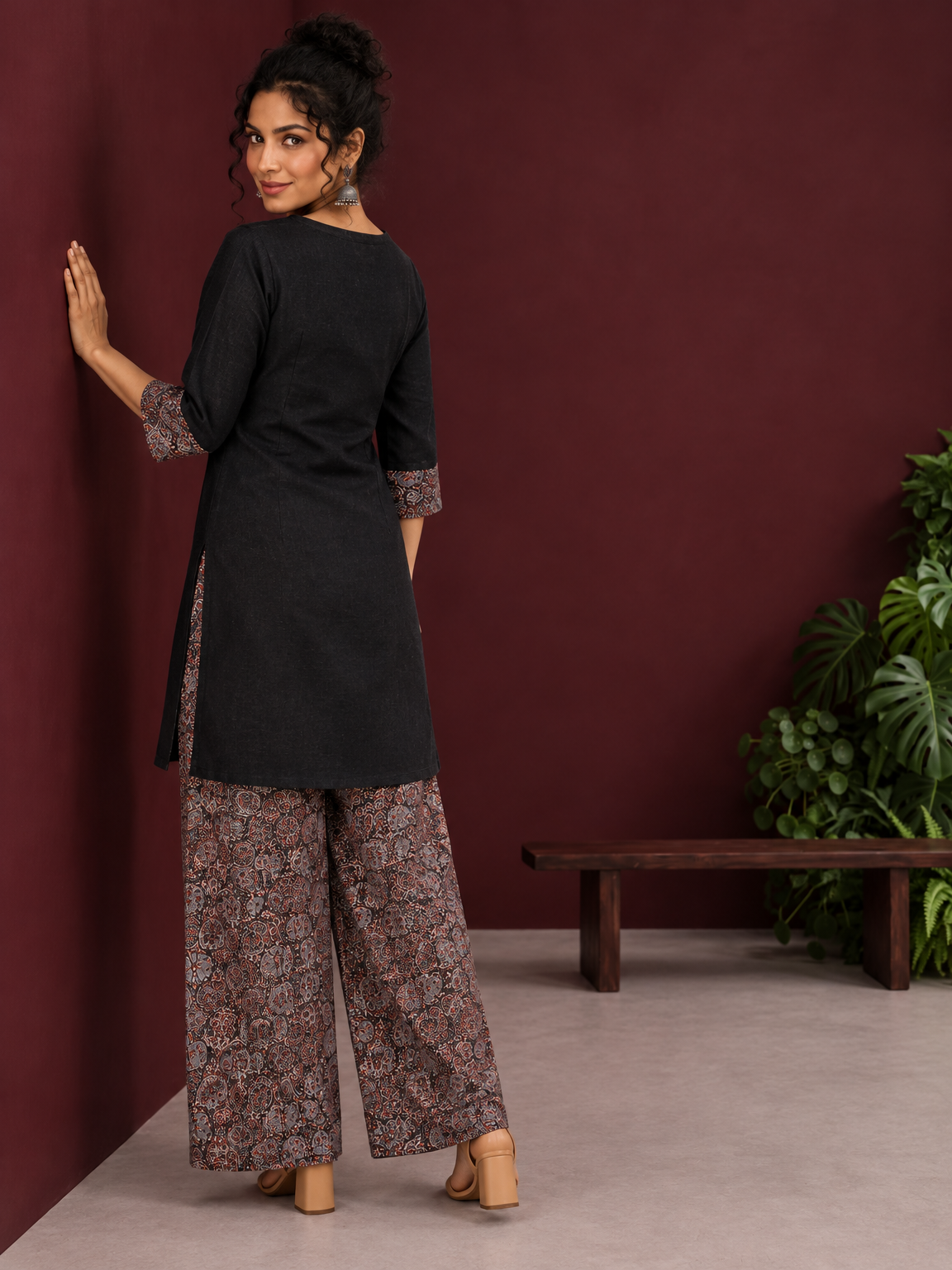 Timeless Black Cotton Tunic with Contrast Ajrakh Print V-Neck Placket & Coordinated Sleeve Cuffs — back view — view 4