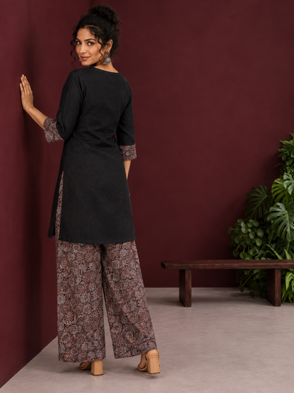 Timeless Black Cotton Tunic with Contrast Ajrakh Print V-Neck Placket & Coordinated Sleeve Cuffs — back view